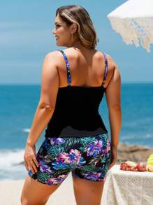 Swim Lushoire Plus Size Tropical Print Tankini Swimwear Set Plus Size Beachwear Plus Size Tankinis With Shorts For Summer Beach Vacation - Multicolor - View 2