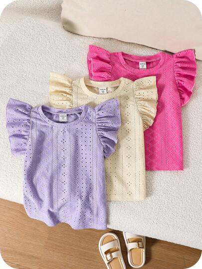 SHEIN 3件套少女纯色圆领荷叶边下摆修身T恤