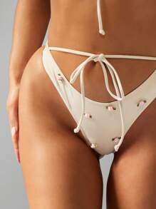 MISSGUIDED Delicate Rose Bud Trim Floral Embellished High Rise Bikini Plunge Neck Beach Swimming Pool Summer Vacation Brazilian Cheeky Coverage Bathing Suit Resort Wear Swimwear - White - View 4