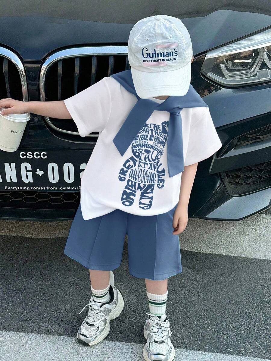 Buy Two Get One 3pcs/Set Young Boy Three Piece Set, Comfortable And Versatile For Daily Use, Loose Fit, Japanese And Korean Style, Simple And Fashionable Round Neck Short Sleeved Cute Teddy Bear Pattern Knitted Top T-Shirt, Shawl And Shorts. Multi Piece Set, Suitable For Spring And Summer Seasons, Daily Life, Sports, Campus, Gatherings, Festivals, Performances, Photography, Back To School Season - Dusty Blue - View 1