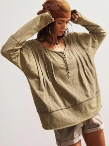Bohemela 波西米亚风女式休闲纯色绿色圆领半扣前开宽松长袖水洗宽松 T 恤，适合女士农夫上衣，朴实上衣，复古西部乡村风格音乐会度假、外出、返校，适合秋冬季 - 橄欖綠 - 查看 7