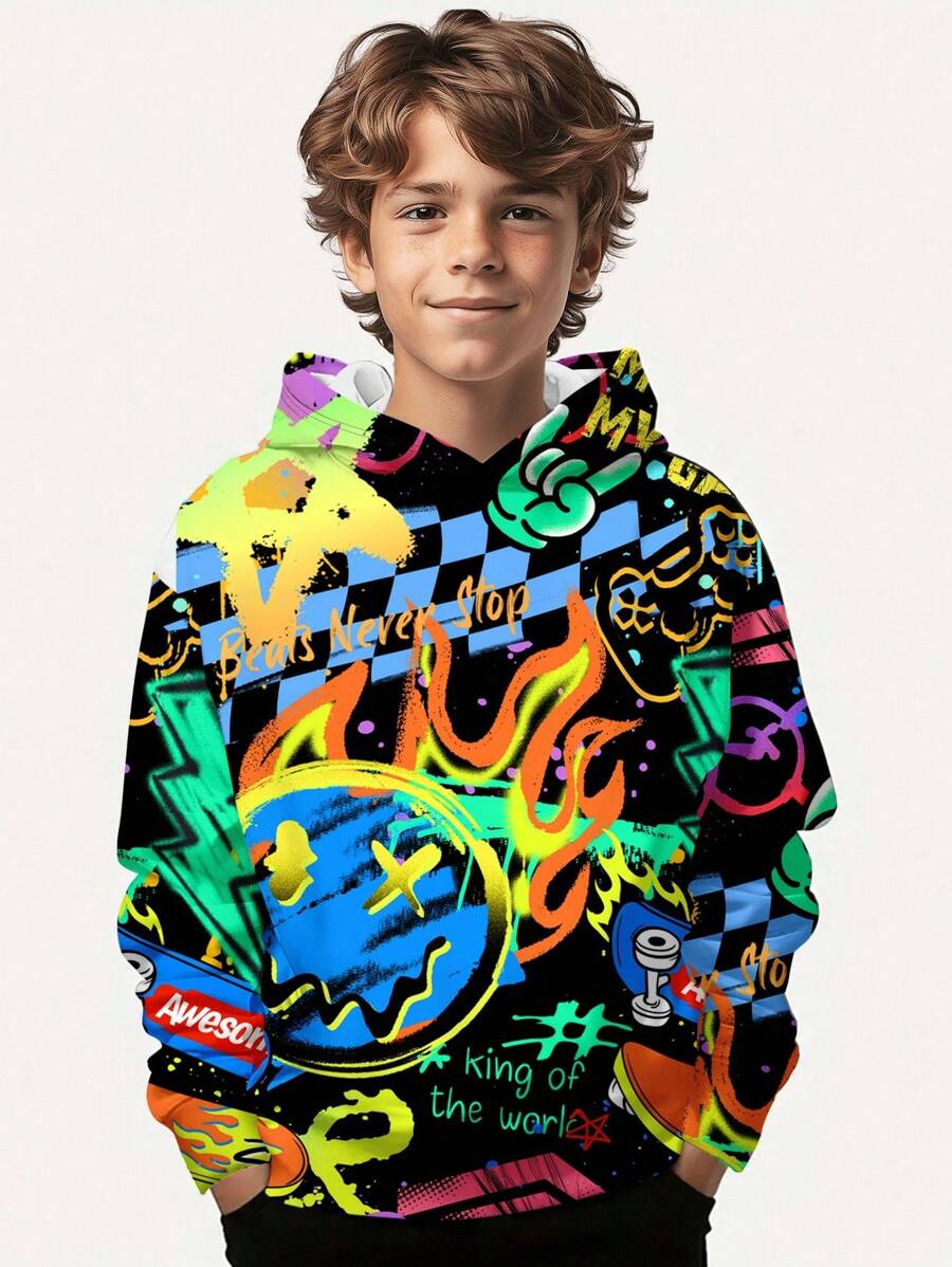 SHEIN Sudadera con capucha holgada y cómoda de estilo minimalista casual para niño preadolescente, con estampado gráfico de consola de juegos, cara sonriente y letras en inglés, adecuada para otoño/invierno