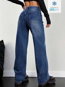 SHEIN EZwear Pantalones vaqueros con botones delanteros y múltiples bolsillos para uso diario y casual - Azul lavado oscuro - Ver 2