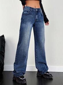 SHEIN EZwear Pantalones vaqueros con botones delanteros y múltiples bolsillos para uso diario y casual - Azul lavado oscuro - Ver 7