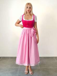 Sweetina Women's Pink Oktoberfest Style Long Dress With Lace Short Sleeve Blouse Set, Bow Decor Pink Dress Dirndl Dress Pink Corset Top Pinafore Dress Milkmaid Dress