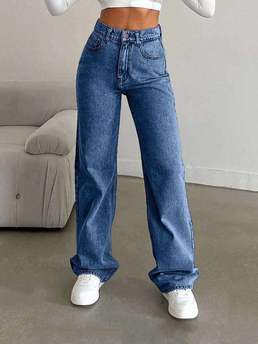 EURMUSE Snow Wash Straight Leg Jeans High Rise ,Petite Women - Teal Blue - View 1