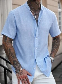 Manfinity CasualCool Camisa de hombre de manga corta de lino con cuello mao blanco - Azul - Ver 3