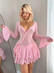 Sweetina Cute Pink Ruffle Solid Color Sweetheart Neck Fitted Long Sleeve Flocked Fabric Dress Pink Dress Pink Mini Dress Short Pink Dress Pink Dress For Women Pink Babydoll Dress