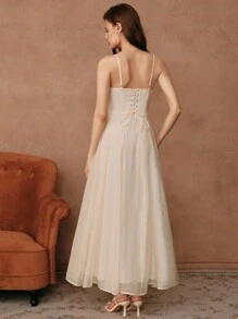 SHEIN Unity 度假风格婚礼派对礼服，女式长款无袖细肩带连衣裙 - 杏色 - 查看 2