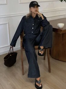 Livesso Women's Loose Fit Long Sleeve Top And Denim Pants Set, Autumn - Blue - View 6