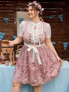 SHEIN Frenchy Plus Size Traditional Lace Patchwork Textured Jacquard Fabric A-Line Waist Cinched Square Neck Dress, Suitable For Oktoberfest, Dirndl,Fall Clothes For Women