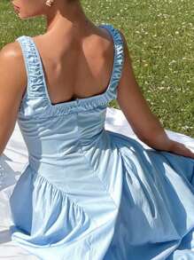 Glamine Vitamin Colors SummerHoliday  Women's Elegant Solid Color Square Neck Waist Cinched Long Dress, Suitable For Dates And Daily Wear Fall Women Clothes Back To School