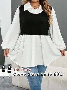 SHEIN CURVE+ Plus Size Casual Color Block Lantern Sleeve 2 In 1 Shirtfall Clothes For Women,Winter,CURVE PLUS - Black and White - View 8