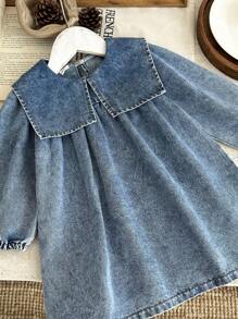 SHEIN Robe en jean ample à manches lanternes lavées avec col surdimensionné, style mode été pour bébé fille. Convient pour les sorties, les courses, les fêtes, les activités décontractées à la maison et en extérieur