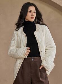 DAZY Loose Straight Patchwork Ribbon Long Sleeve Thermal Lined Thick Winter Jacket For Women Winter Jacket Women Coats - White - View 7