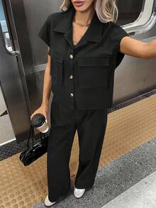 Siren Gaze 女士休闲纯色衬衫和裤子两件套，夏季 - 黑色 - 查看 3