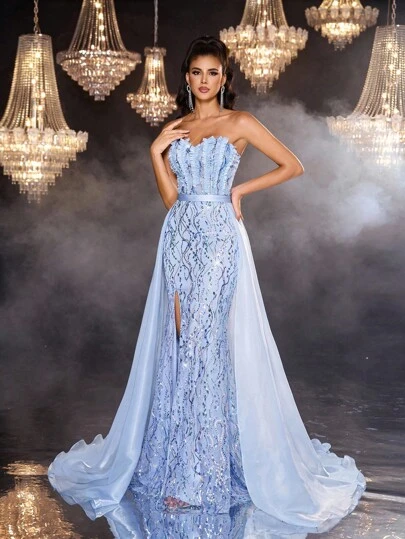 Glamrae 优雅手工制作的莫奈蓝色褶皱紧身胸衣，带有装饰性花卉骨架，可调节后领带，美人鱼下摆搭配欧根纱荷叶边，适合各种正式场合女士晚礼服（手工制作）