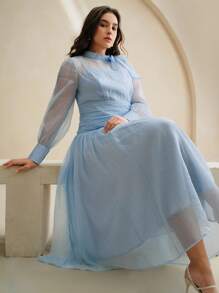 Anewsta Elegant Romantic Palace Banquet Stand Collar Bowknot Long Sleeve Ruched Shiny Long Plus Size Dress - Blue - View 5