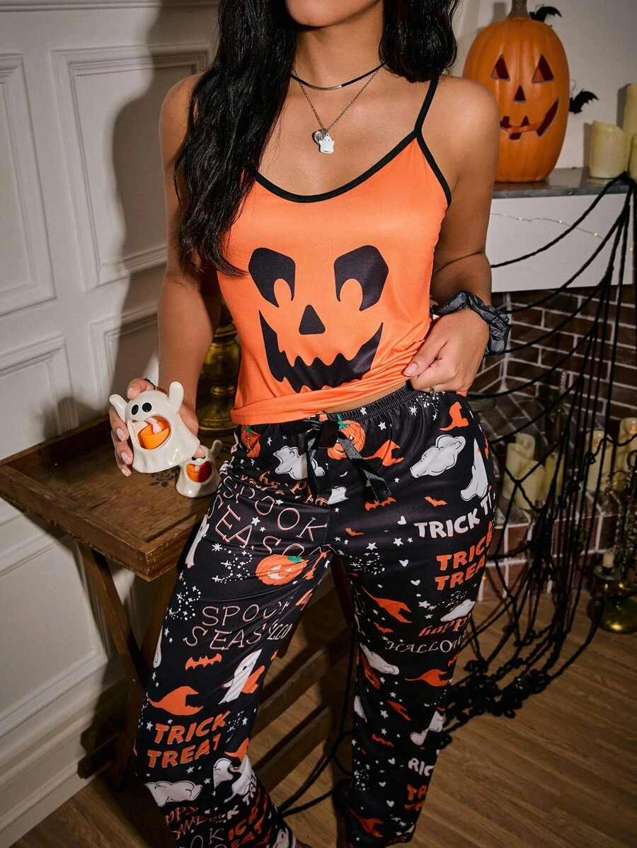 Miss Vinta Vintage Casual Ghost & Pumpkin Halloween Print Camisole & Pants Women Pajama Set Orange Pajama Set Women Halloween Pjs Women Halloween Pajama Set - Black - View 1