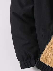 1 st. Unga pojkar, avslappnad collegestil, enfärgat svart tryckmönster, moderiktig, mångsidig, dragkedja med huva, vadderad ytterkappa, lämplig för höst/vinter - Svart - Visa 4