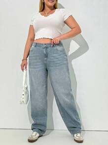 EURMUSE 100%Cotton Plus High Waist Straight Leg Jeans - Light Wash - View 3
