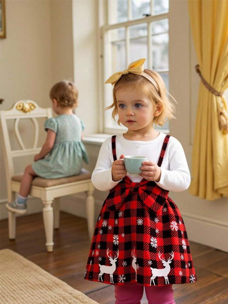 Baby Girl 2 In 1 Christmas Print Bow Front Dress & Headband