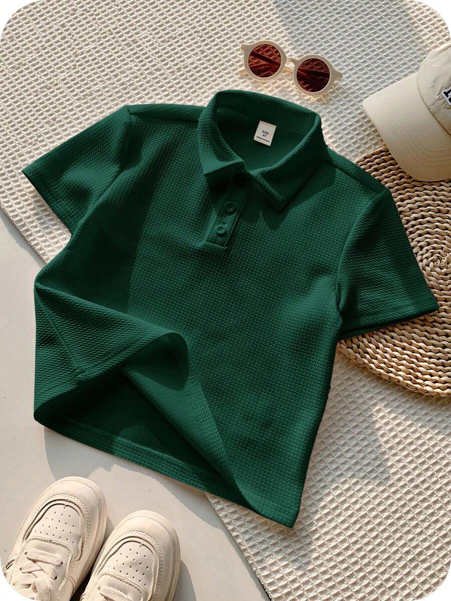 1 件年轻男孩休闲运动学院艺术复古纹理面料短袖 Polo 衫适合返校适合生日派对、晚会、表演、婚礼、洗礼、开幕式适合中东适合日常使用适合上学适合旅行适合运动适合春夏季节 - 墨綠色 - 查看 1