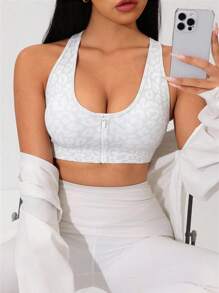 Women Leopard Jacquard Front Zipper Sports Bra