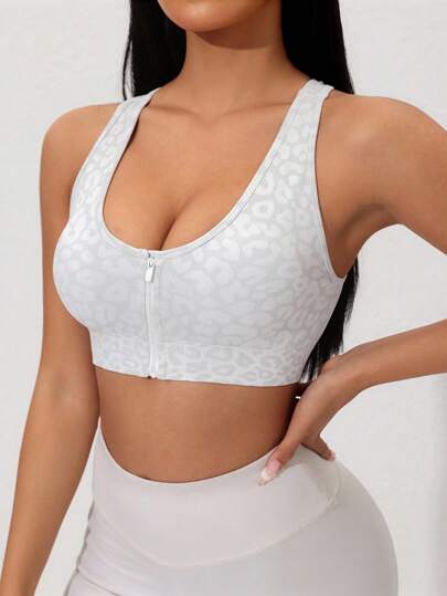 Women Leopard Jacquard Front Zipper Sports BH view 6