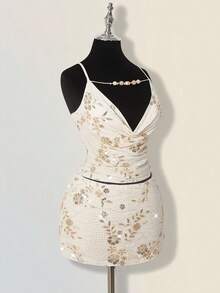 SHEIN ICON 女士正式派对串珠性感亮片刺绣细肩带短款上衣和迷你裙两件套，夏季亮片两件套 - 杏色 - 查看 9