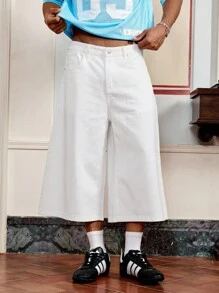 SWAVVY 男士休闲百搭纯色阔腿牛仔短裤 - 白色 - 查看 4