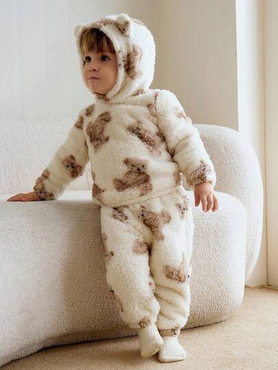 Cozy Pixies 2 adet Bebek Erkek Karikatür Ayı Desenli Kalınlaştırılmış Kapşonlu Sweatshirt ve Elastik Bel Uzun Pantolon Seti