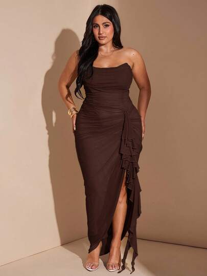 SHEIN BAE Plus Size Women's Spring/Autumn Pea Green, Green Ruched Flounce Hem High Slit Dress, Elegant Vacation Beach Dress, Beach Party Dress, Night Out Dress, Birthday Dress, Sexy Chic Dress, Mesh Dress,Fall Clothes For Women,Wedding Party Dress/ Long Brown Dress/ Chocolate Brown Dress/ Ruffle Dress/ Brown Strapless Dress