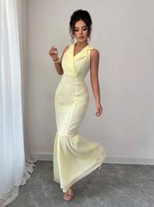 Elenzga 女士优雅提花拼布鱼尾无袖连衣裙，夏季 - 黃色 - 查看 1