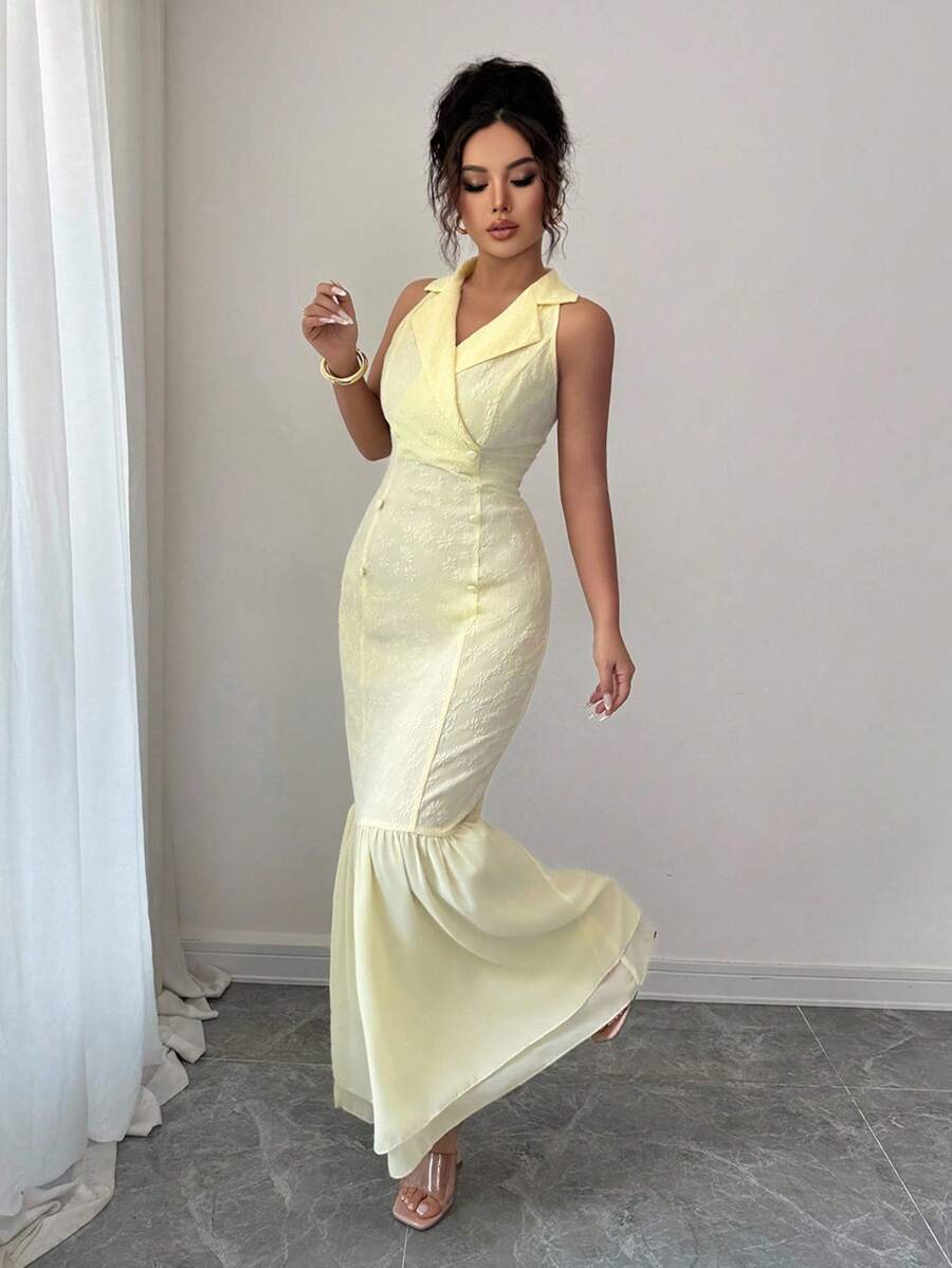 Elenzga 女士优雅提花拼布鱼尾无袖连衣裙，夏季 - 黃色 - 查看 1