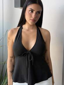 Lucia Bellido Top a babydoll con scollo a V nero, fiocco e schienale aperto, per donne, abbigliamento casual da vacanza adatto per l estate - nero - Visualizzare 5