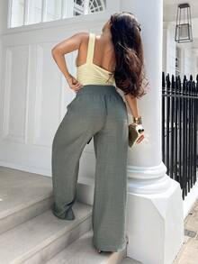 NegzBox Calça Larga de Cintura Amarrada em Cor Sólida Casual para Férias - Verde Oliva - Visão 2