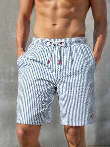 Manfinity KASUA Men's Striped Print Pocket Drawstring Waist Beach Shorts, Suitable For Summer Men Blue And White Swim Trunks Men Swim Trunks Beach Clothes For Men