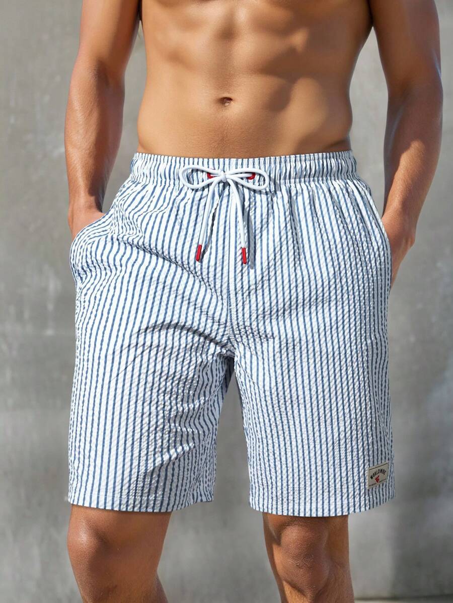 Manfinity KASUA Men's Striped Print Pocket Drawstring Waist Beach Shorts, Suitable For Summer Men Blue And White Swim Trunks Men Swim Trunks Beach Clothes For Men