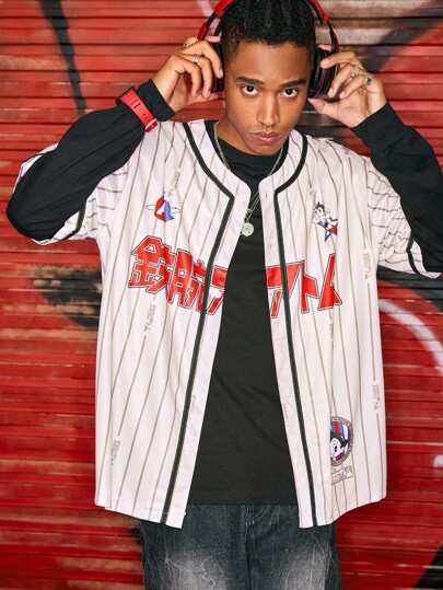 Astro Boy X ROMWE Chemise décontractée à manches courtes avec rayures et motif de personnage de bande dessinée pour hommes