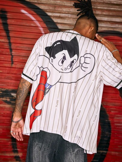 Astro Boy X ROMWE Chemise décontractée à manches courtes avec rayures et motif de personnage de bande dessinée pour hommes