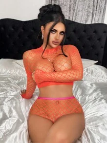 SHEIN Plain Pattern Sheer Y2K Fabric Lingerie Set With High Neckline, Going Out - Orange - View 4