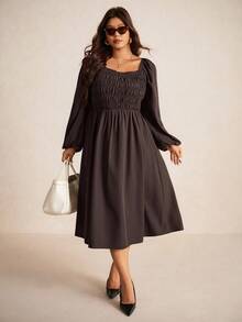 Elaquor Plus Size Elegant Casual Versatile Romantic Fitted Mid-Length Square Neck Coffee Color Dress For Women,Fall Clothes For Women