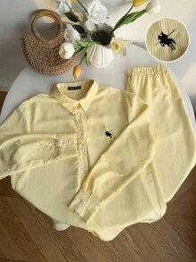Comfortcana Women's Butter Yellow 2pcs Set Striped Embroidery  Casual Loose Shirt And Wide Leg Pants - Yellow - View 4