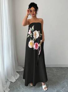 Elenzga Váy Bandeau in hoa dáng rộng thoải mái dành cho nữ - màu đen - Xem 3