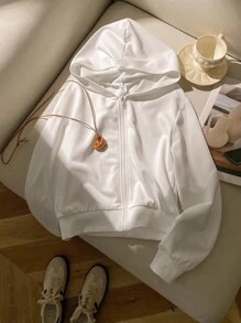 1 件青少年女孩连帽长袖短款拉链运动衫休闲套头衫，秋季 - 白色 - 查看 6