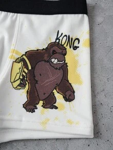 GODZILLAxKONG X SHEIN 4pcs Tween Boy Black & White Cartoon Letter Print Comfortable Trunks,Basic Comfortable Casual ,Soft,Cute - Black - View 5