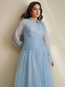 Anewsta Elegant Romantic Palace Banquet Stand Collar Bowknot Long Sleeve Ruched Shiny Long Plus Size Dress - Blue - View 1