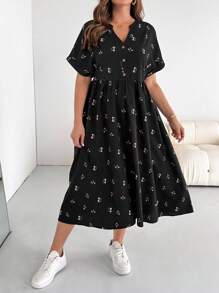 SHEIN Essnce 大码女式婴儿连衣裙、宽松连衣裙、夏季短袖连衣裙、宽松舒适的大码服装、印花连衣裙、度假连衣裙、女士休闲连衣裙、返校节连衣裙、女士休闲连衣裙、教堂连衣裙、休闲连衣裙、教师装、大码泡泡裙、秋季女士服装、工作服、外出服、休闲连衣裙 - 黑色 - 查看 4