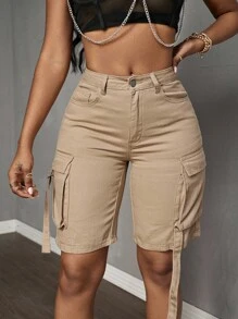 SHEIN Tall Women Knee-Length Solid Color High-Waist Skinny Cargo Denim Shorts - Khaki - View 4
